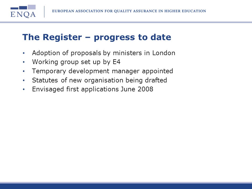 The Register – progress to date