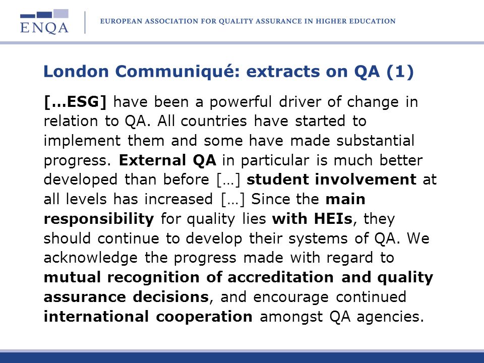 London Communiqué: extracts on QA (1)