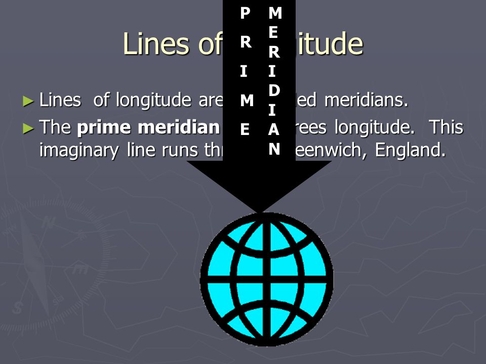 Lines of Longitude Lines of longitude are also called meridians.