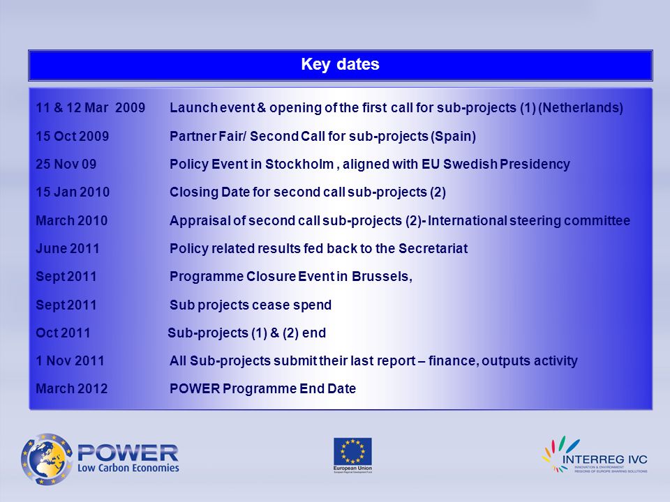 Key dates 11 & 12 Mar 2009 Launch event & opening of the first call for sub-projects (1) (Netherlands)
