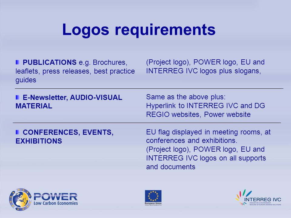 Logos requirements (Project logo), POWER logo, EU and INTERREG IVC logos plus slogans, Same as the above plus: