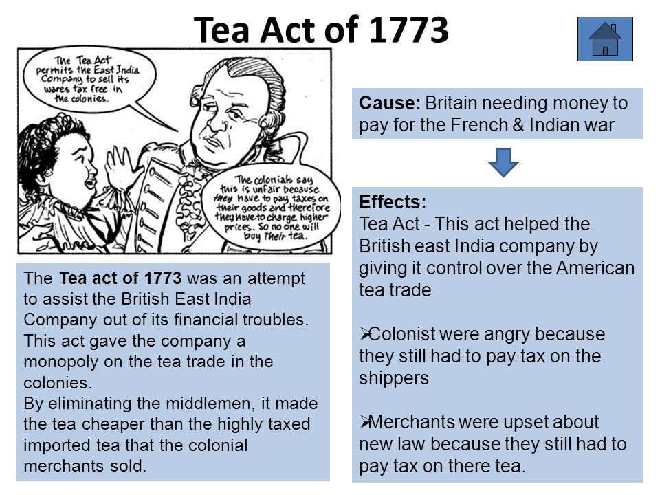 Tea Act of 1773 Cause: Britain needing money to pay for the French & Indian war. Effects: