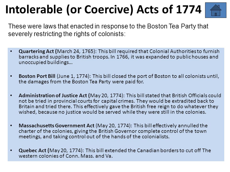 Intolerable (or Coercive) Acts of 1774
