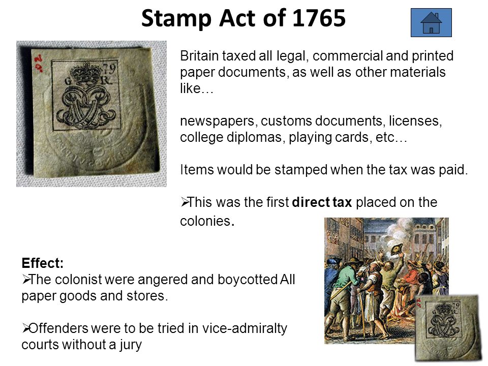 Stamp Act of 1765 Britain taxed all legal, commercial and printed paper documents, as well as other materials like…