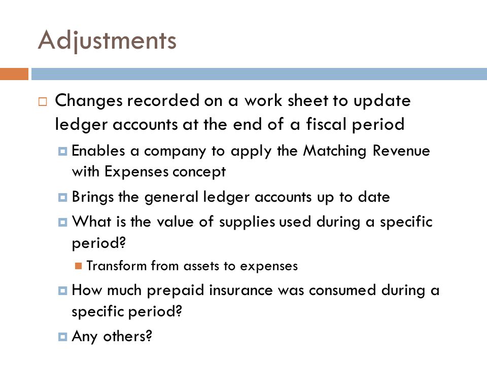 Adjustments Changes recorded on a work sheet to update ledger accounts at the end of a fiscal period.