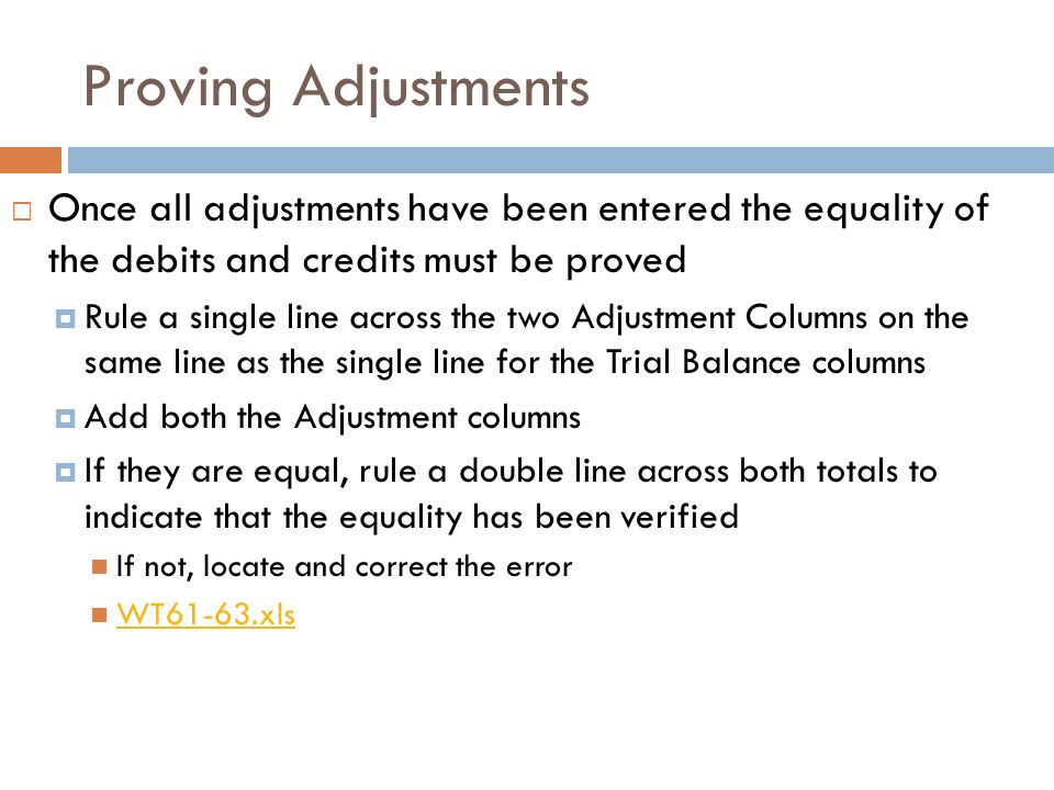 Proving Adjustments Once all adjustments have been entered the equality of the debits and credits must be proved.