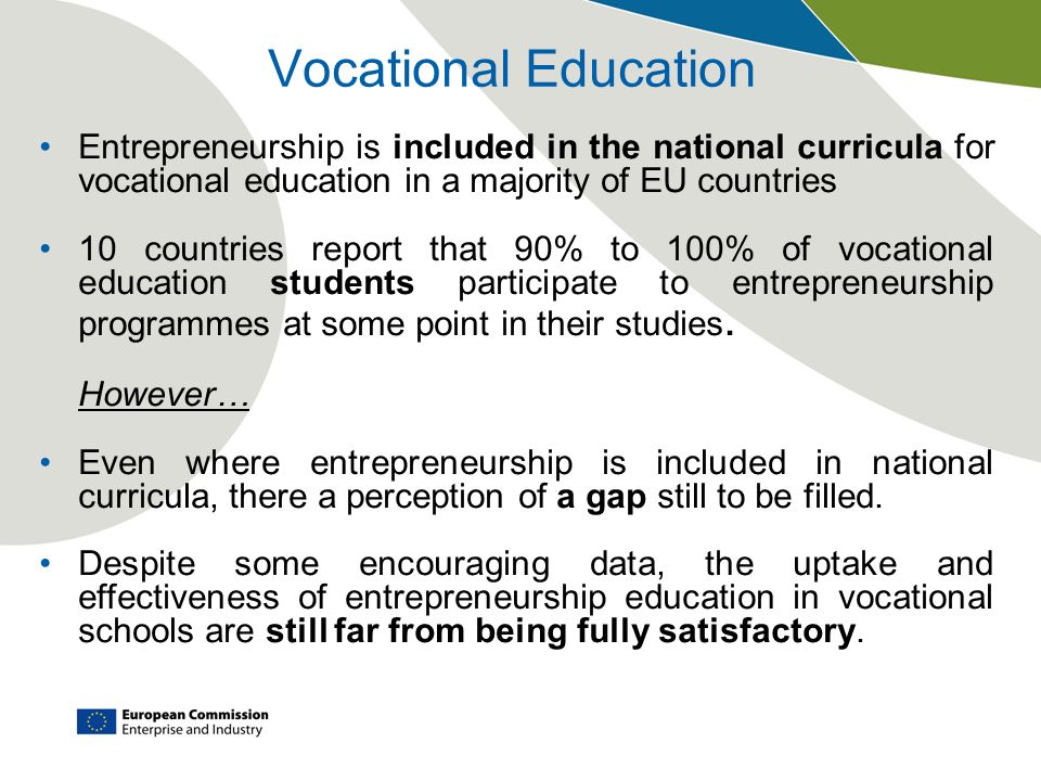 Vocational Education Entrepreneurship is included in the national curricula for vocational education in a majority of EU countries.