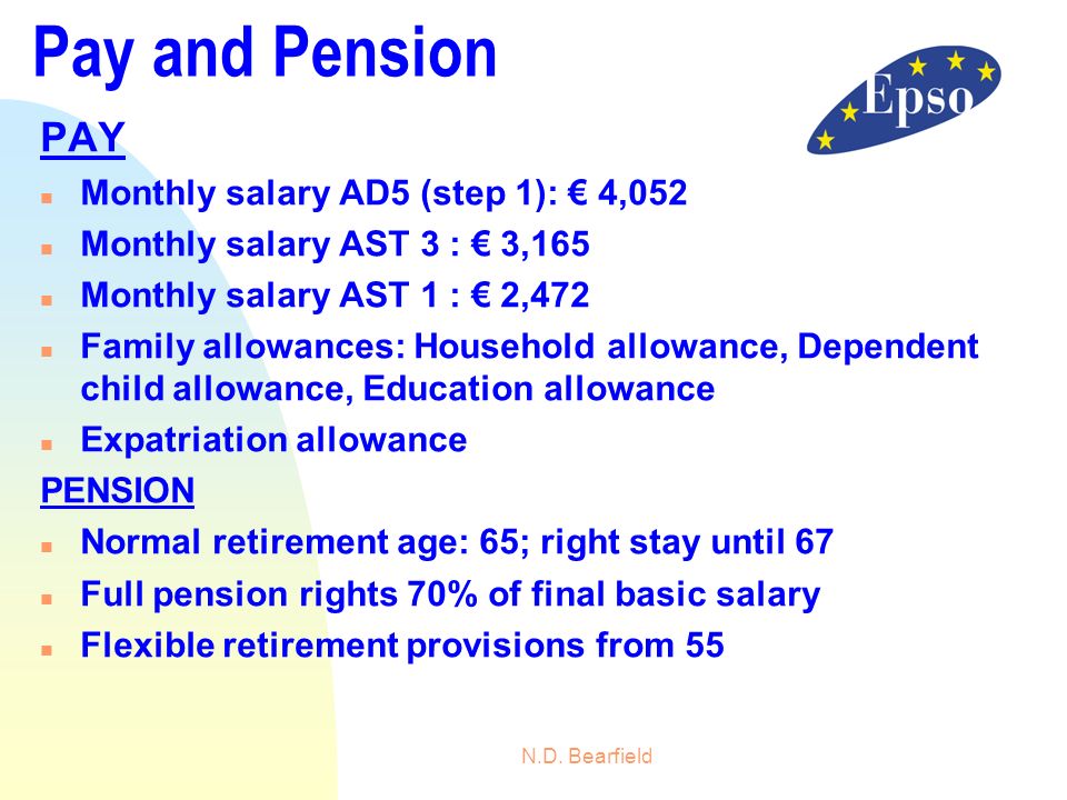 Pay and Pension PAY Monthly salary AD5 (step 1): € 4,052
