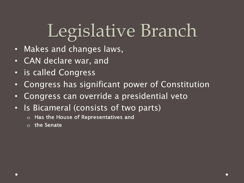 Legislative Branch Makes and changes laws, CAN declare war, and