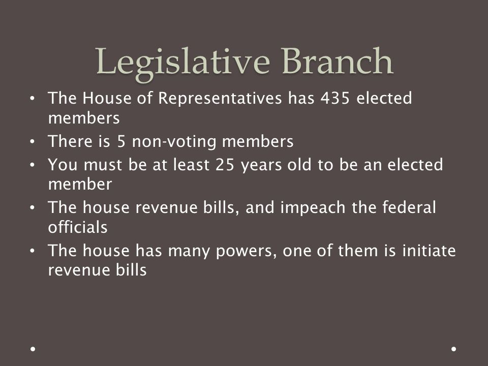 Legislative Branch The House of Representatives has 435 elected members. There is 5 non-voting members.