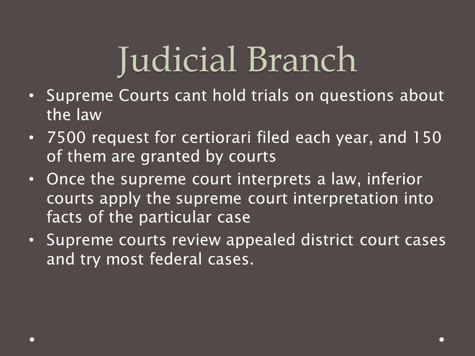 Judicial Branch Supreme Courts cant hold trials on questions about the law.