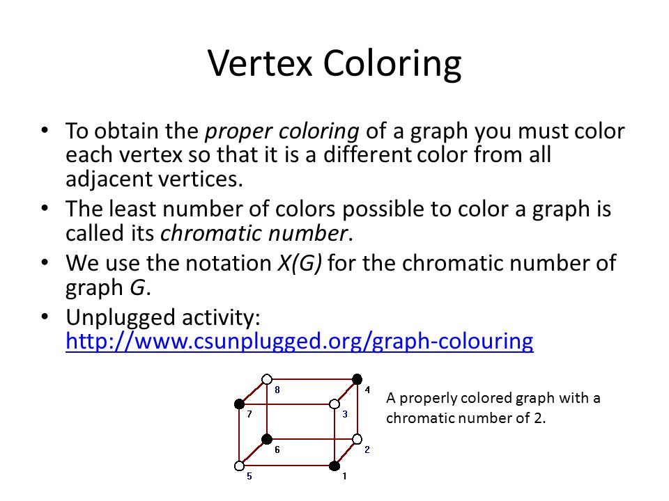 Vertex Coloring To obtain the proper coloring of a graph you must color each vertex so that it is a different color from all adjacent vertices.
