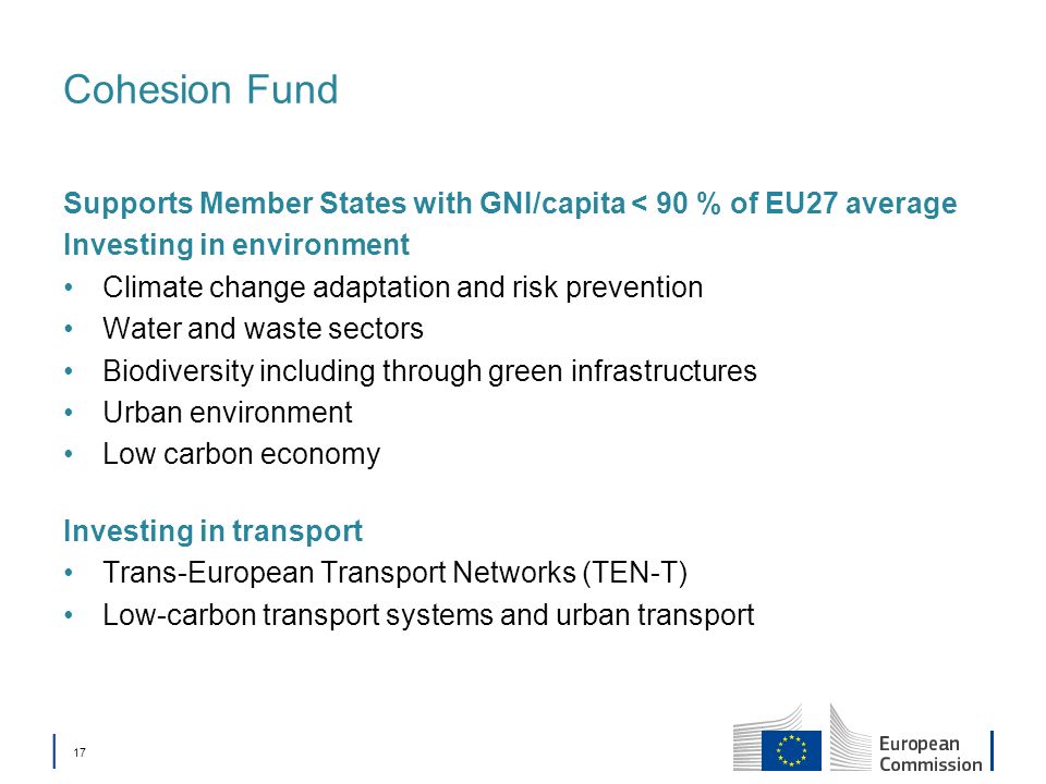 Cohesion Fund Supports Member States with GNI/capita < 90 % of EU27 average. Investing in environment.