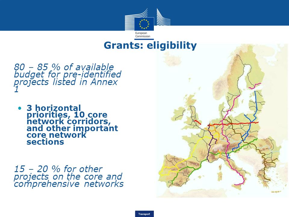 Grants: eligibility 80 – 85 % of available budget for pre-identified projects listed in Annex 1.