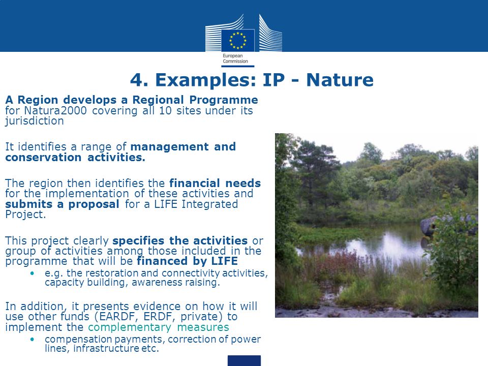 4. Examples: IP - Nature A Region develops a Regional Programme for Natura2000 covering all 10 sites under its jurisdiction.