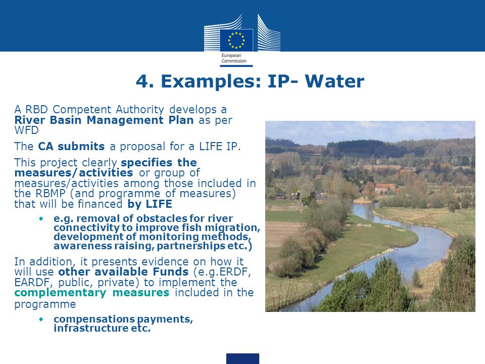 4. Examples: IP- Water A RBD Competent Authority develops a River Basin Management Plan as per WFD.