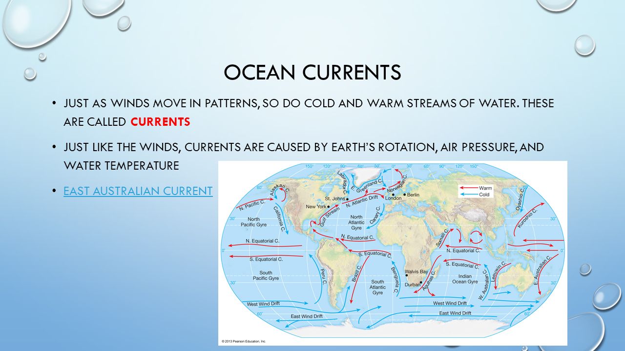 Ocean currents Just as winds move in patterns, so do cold and warm streams of water. These are called currents.