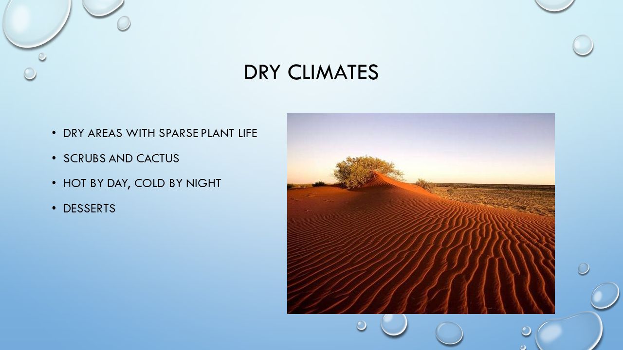 Dry Climates Dry areas with sparse plant life Scrubs and cactus