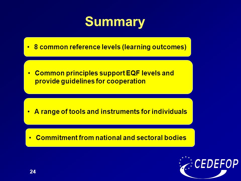 Summary 8 common reference levels (learning outcomes)