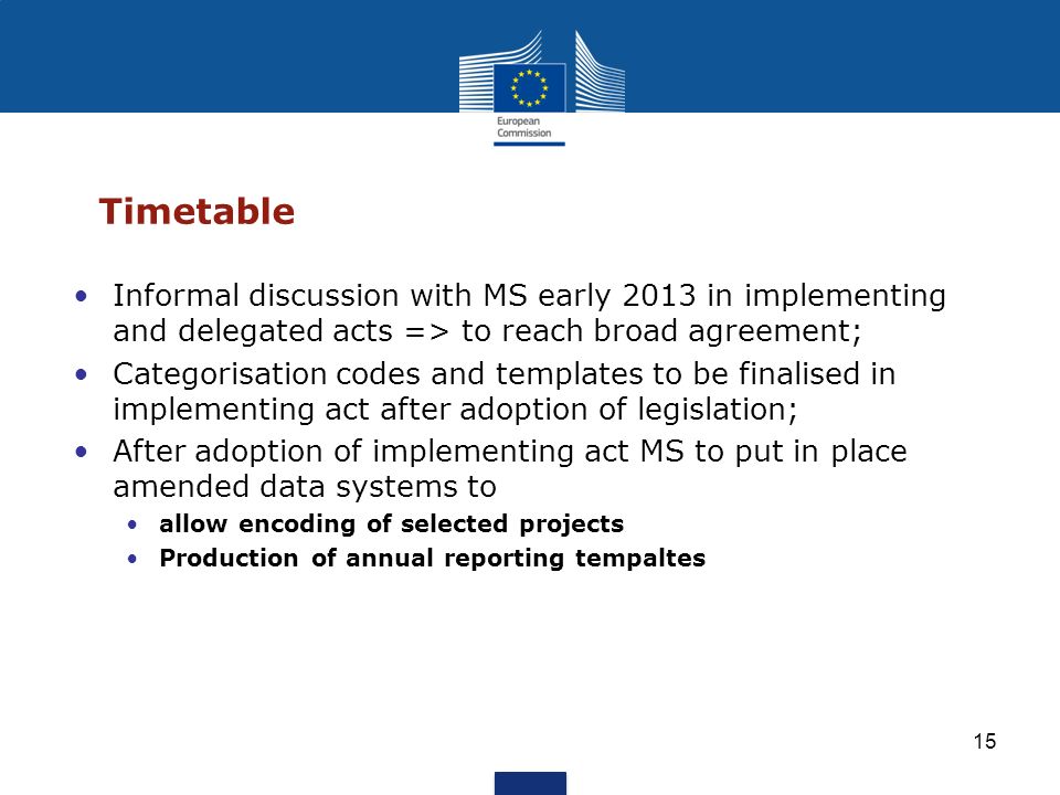 Timetable Informal discussion with MS early 2013 in implementing and delegated acts => to reach broad agreement;