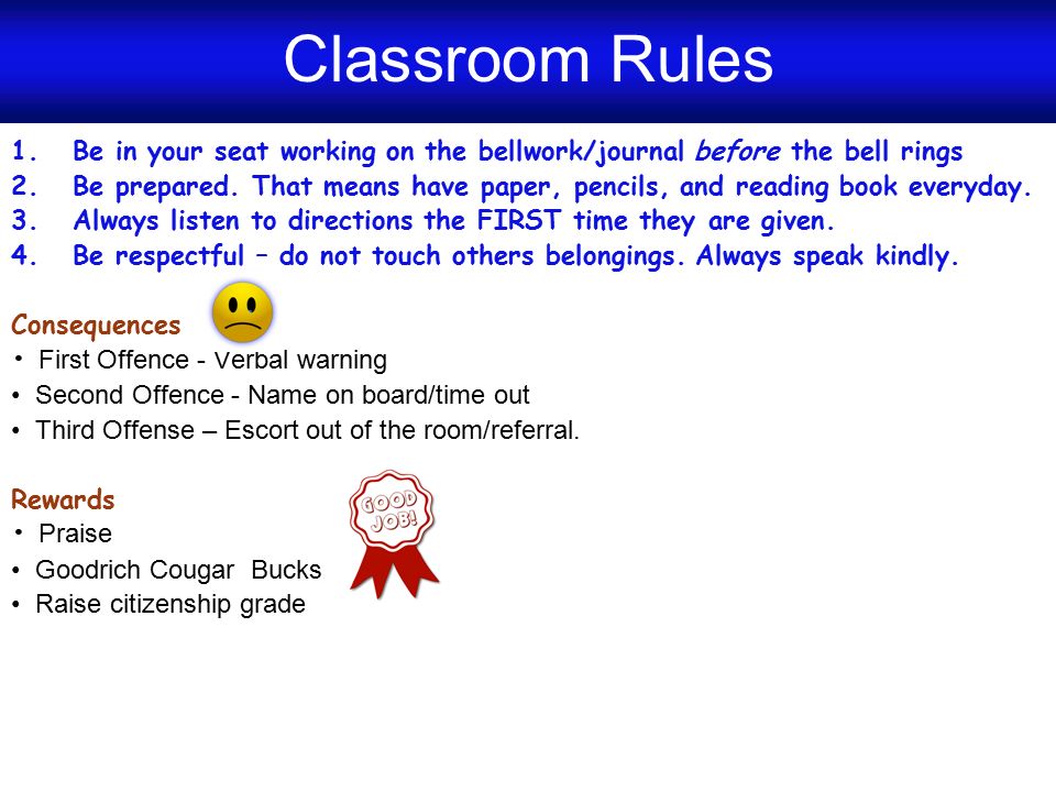 Classroom Rules Be in your seat working on the bellwork/journal before the bell rings.
