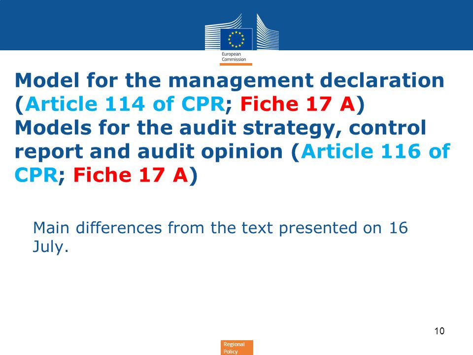 Model for the management declaration (Article 114 of CPR; Fiche 17 A) Models for the audit strategy, control report and audit opinion (Article 116 of CPR; Fiche 17 A)