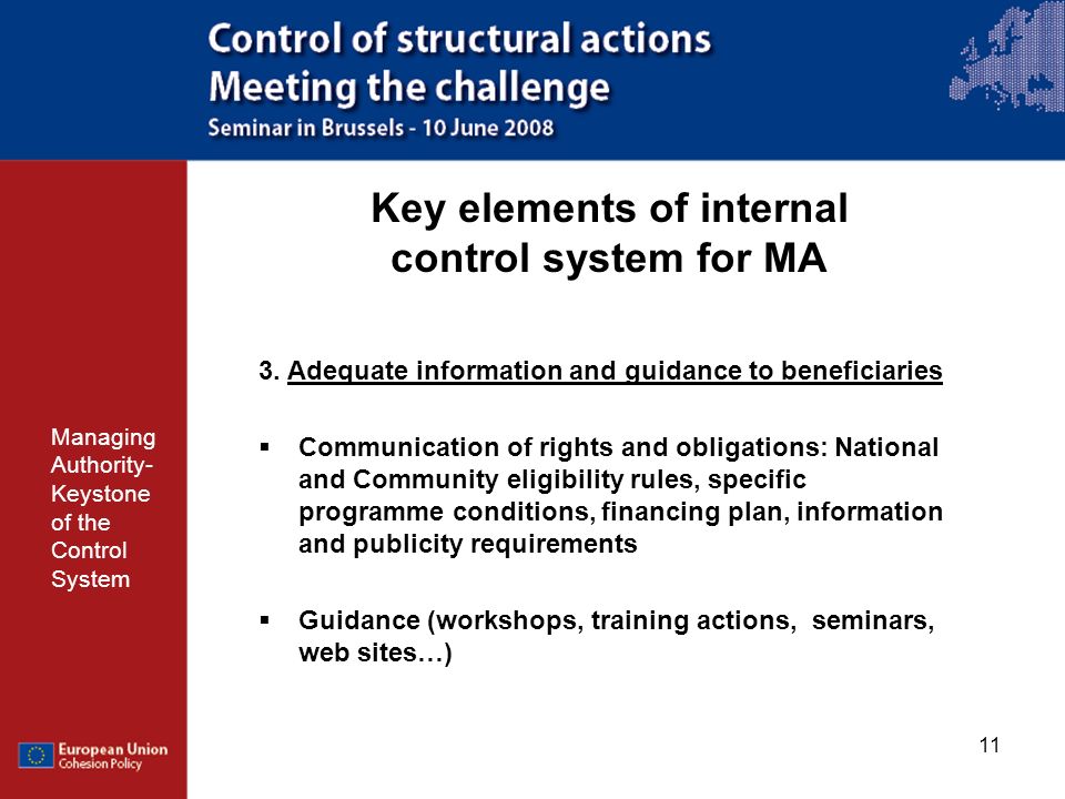 Key elements of internal control system for MA