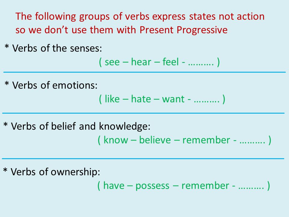 The following groups of verbs express states not action