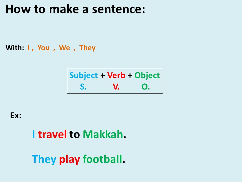 How to make a sentence: I travel to Makkah. They play football.