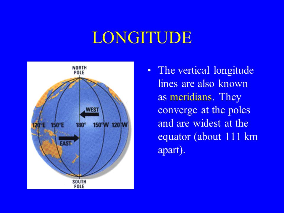 LONGITUDE The vertical longitude lines are also known as meridians.