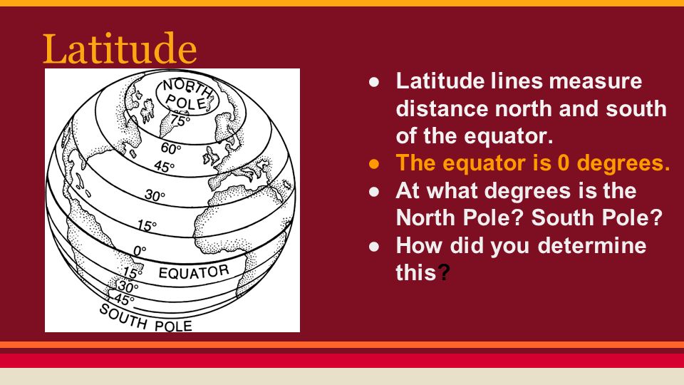 Latitude Latitude lines measure distance north and south of the equator. The equator is 0 degrees.
