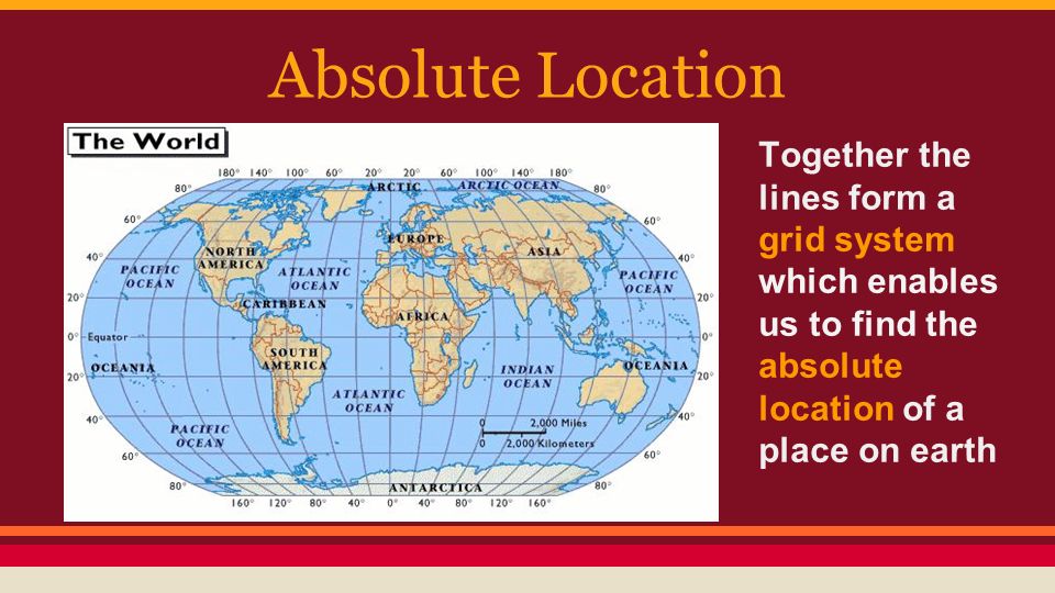 Absolute Location Together the lines form a grid system which enables us to find the absolute location of a place on earth.