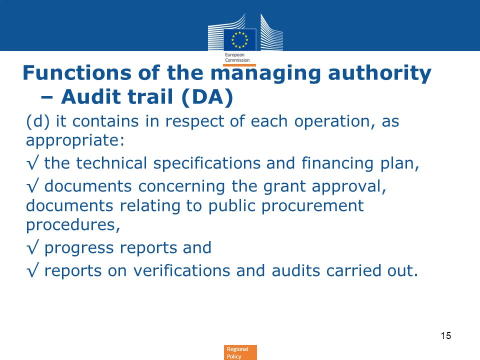 Functions of the managing authority – Audit trail (DA)