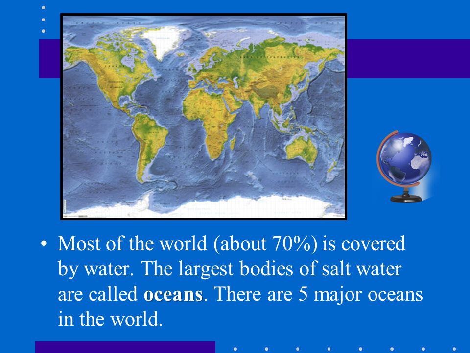 Most of the world (about 70%) is covered by water