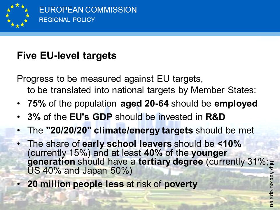 Five EU-level targets Progress to be measured against EU targets, to be translated into national targets by Member States: