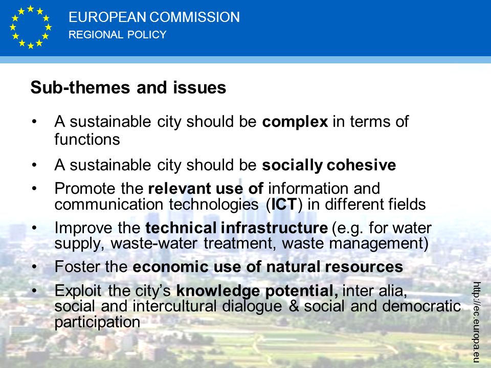 Sub-themes and issues A sustainable city should be complex in terms of functions. A sustainable city should be socially cohesive.