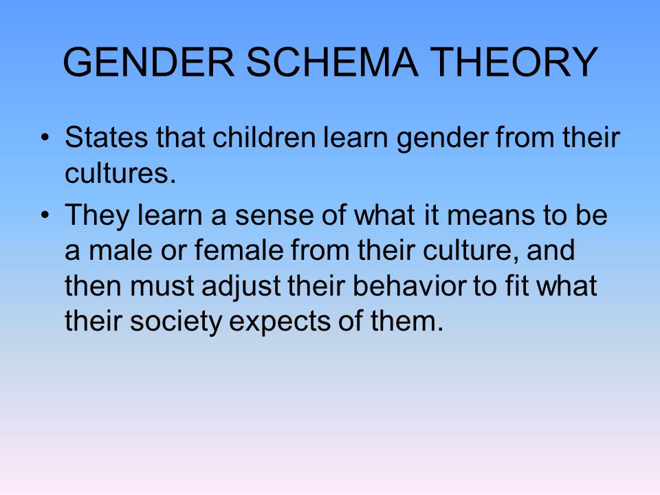 GENDER SCHEMA THEORY States that children learn gender from their cultures.