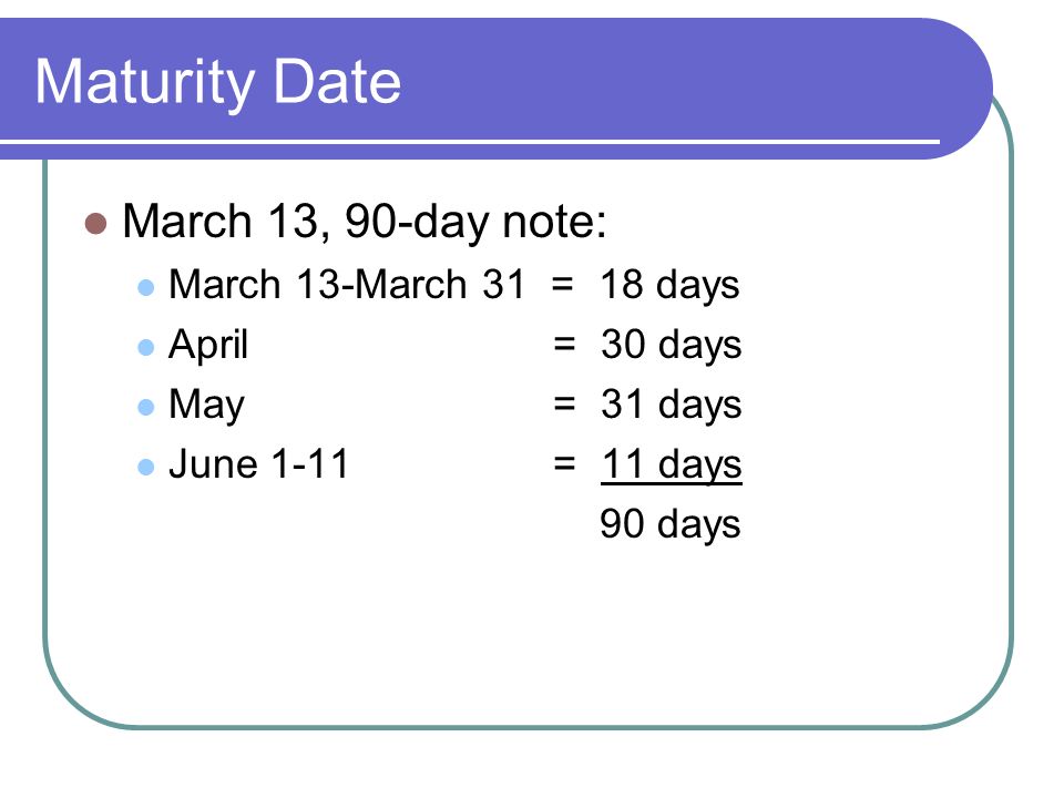 Maturity Date March 13, 90-day note: March 13-March 31 = 18 days