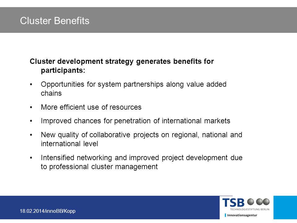 Cluster Benefits Cluster development strategy generates benefits for participants: Opportunities for system partnerships along value added chains.