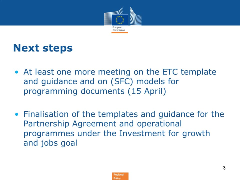 Next steps At least one more meeting on the ETC template and guidance and on (SFC) models for programming documents (15 April)
