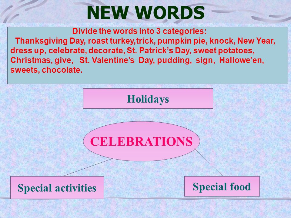 NEW WORDS CELEBRATIONS Holidays Special activities Special food