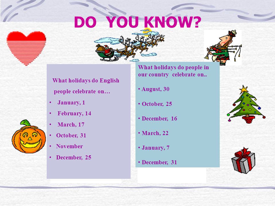 DO YOU KNOW What holidays do people in our country celebrate on..