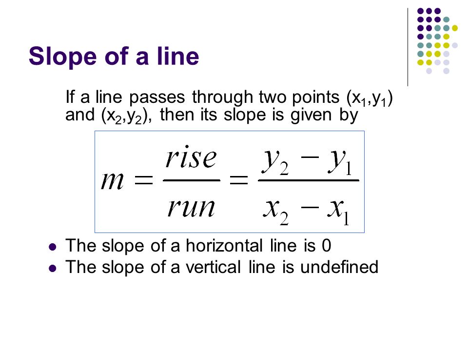 Slope of a line If a line passes through two points (x1,y1) and (x2,y2), then its slope is given by.