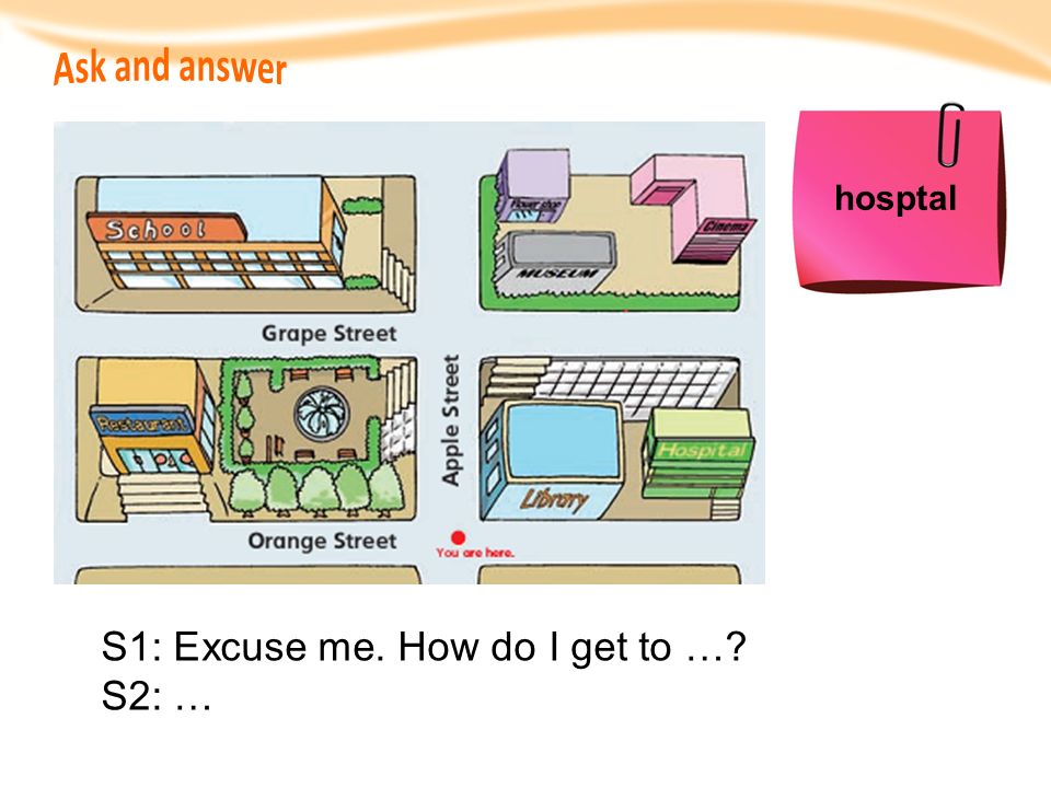 Ask and answer S1: Excuse me. How do I get to … S2: … hosptal