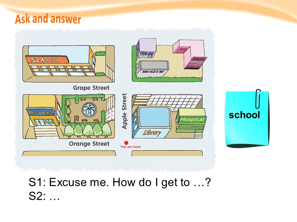 Ask and answer school S1: Excuse me. How do I get to … S2: … 13
