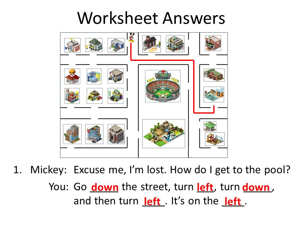 Worksheet Answers Mickey: Excuse me, I’m lost. How do I get to the pool