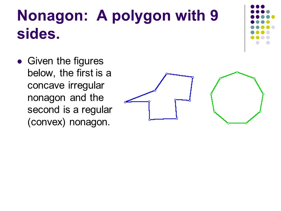 Nonagon: A polygon with 9 sides.