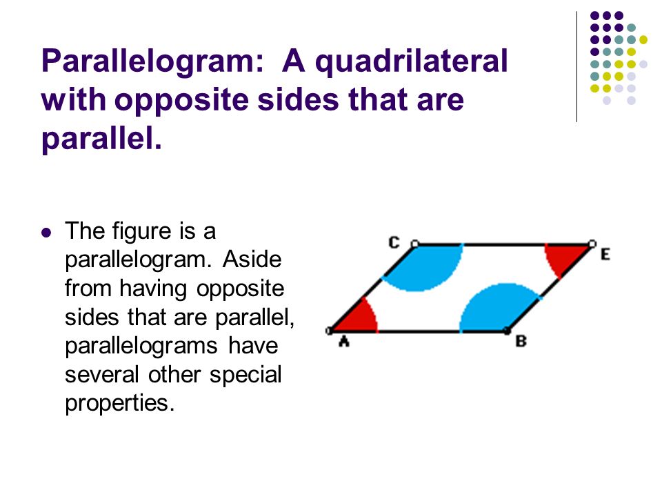 Parallelogram: A quadrilateral with opposite sides that are parallel.