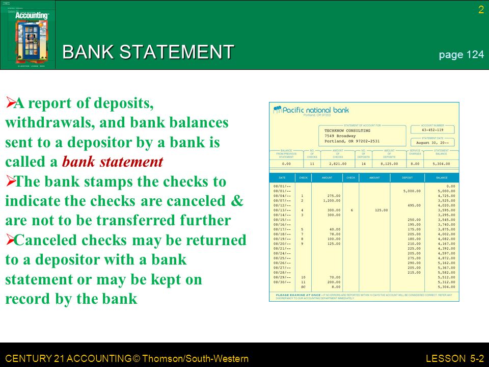 BANK STATEMENT page 124. A report of deposits, withdrawals, and bank balances sent to a depositor by a bank is called a bank statement.