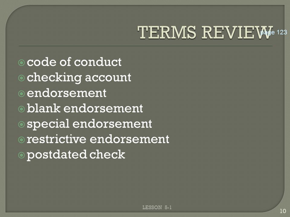 TERMS REVIEW code of conduct checking account endorsement